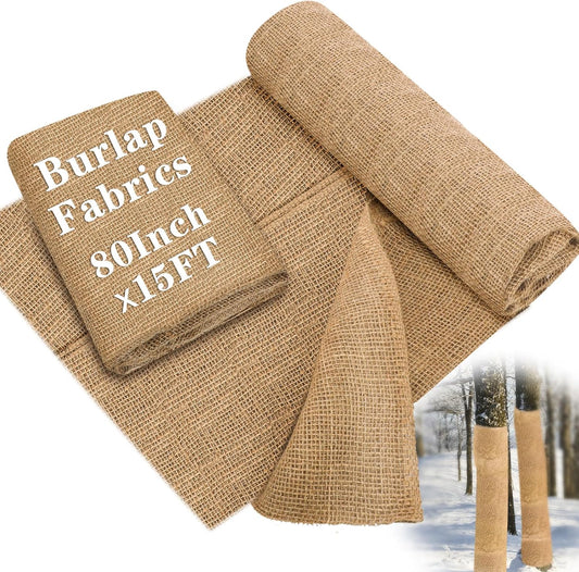 Buryeah 80 Inch x 15 ft Burlap Fabrics Roll Natural Jute Burlap Tree Wraps Protector Winter Frost Plant Blankets Cloth Weed Barrier Fabric Garden Plants for Winter Outdoor Trees Shrubs Party