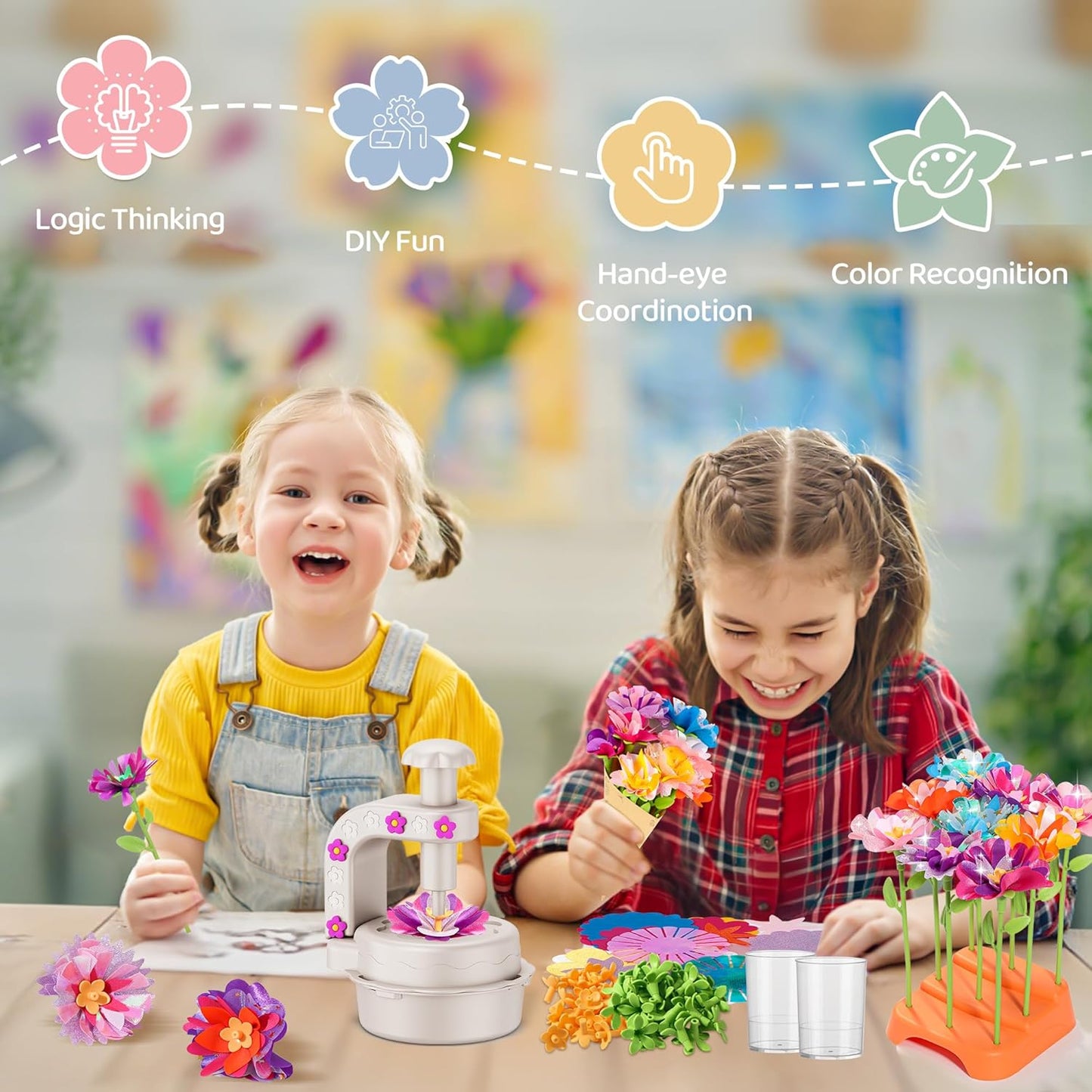 Fabric Flower Bouquets Toys,DIY Craft Kits for Kids,Arts and Crafts Toy for 3+ Year Old Girls,Flowers Market Toy,Build Your Flower Bouquet,Educational Preschool Learning Toys for Birthday,Christmas