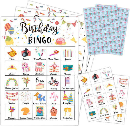 Birthday Party Bingo Game Cards(24 Players), Birthday Bingo Card for Family Friend Adult, Large Group Holiday Party Activity Favor Decoration Supplies -002
