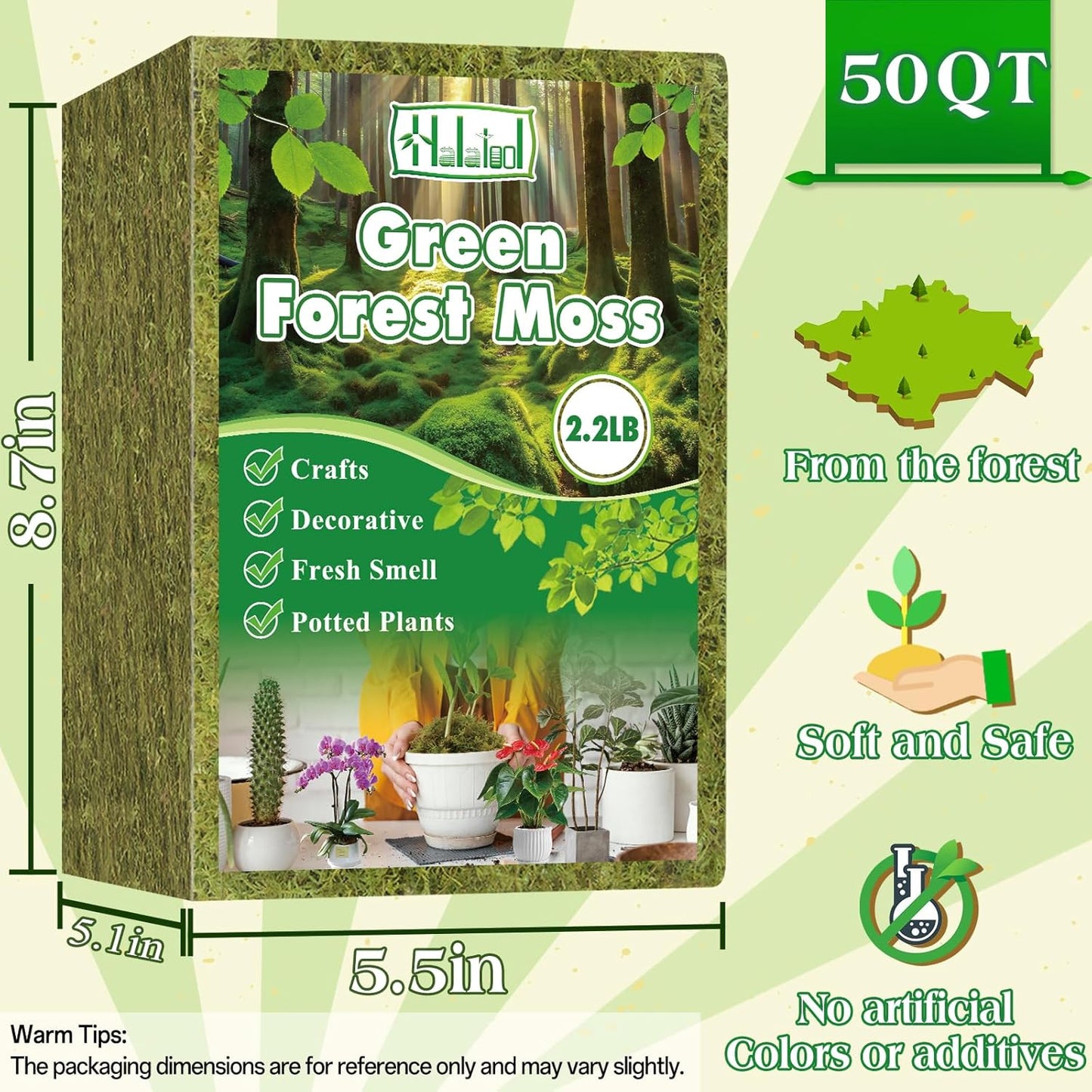 Halatool 2.2LBS Forest Green Moss for Indoor Potted Plants, Orchid Potting Mix, Indoor Potting Plant Moss for Repotting Terrariums Garden Reptiles