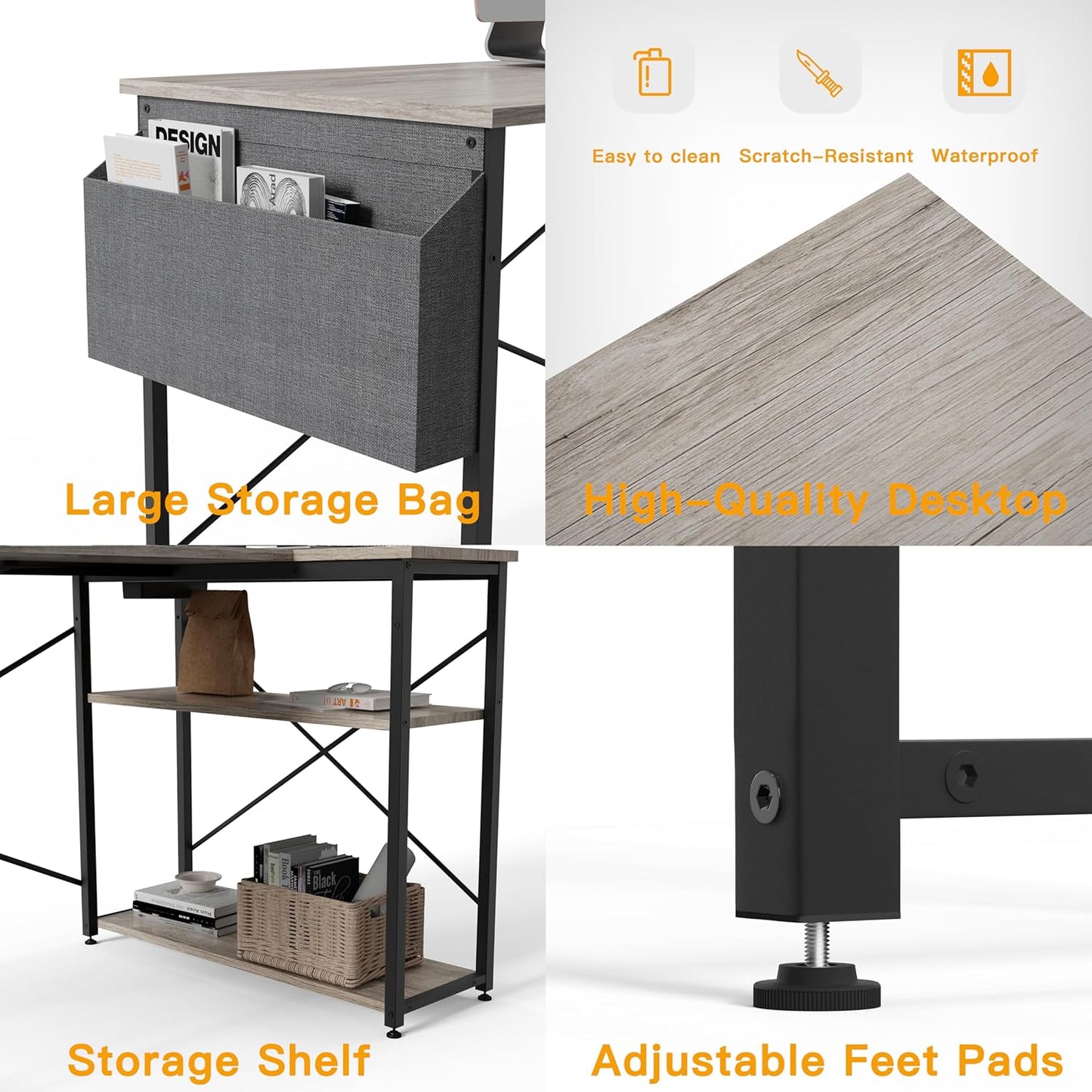 TIQLAB L Shaped Computer Desk with Power Outlets, 47 Inch Gaming Desk, Small Desk Corner Desk with Reversible Shelves, Study Desk Writing Desk for Home Office Bedroom, Work from Home, Beige, Grey