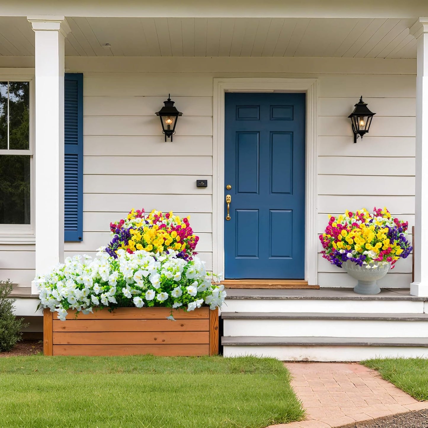 Artificial Fake Flowers For Outdoor Outside Decoration,16 Bundles UV Resistant Faux Plastic White Flowers with Green Eucalyptus Stem Plants Bulk Look Real for Home Porch yard Patio Planters (White)