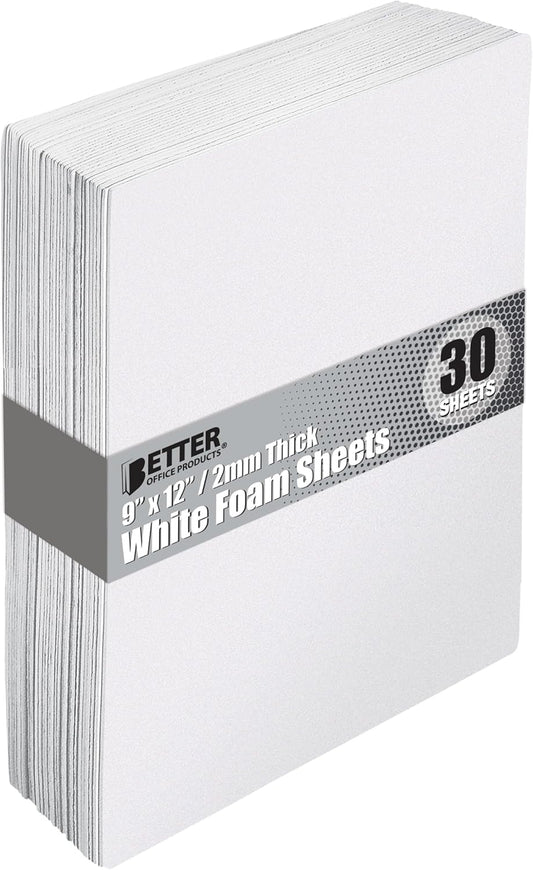 Better Office Products White EVA Foam Sheets, 30 Pack, 2mm Thick, 9 x 12 Inch, White Color, for Arts and Crafts, 30 Sheets Bulk Pack