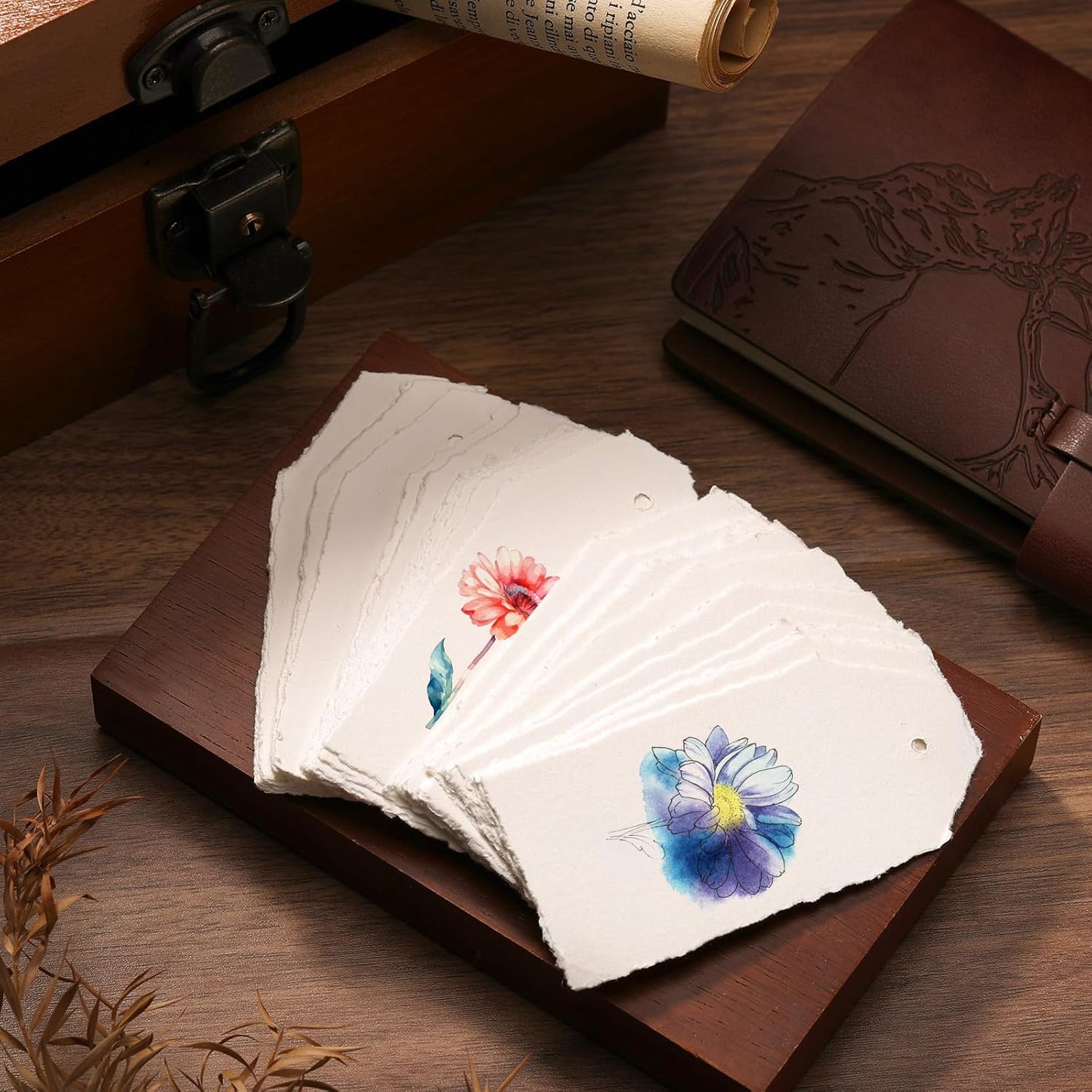 50 Pack Handmade Vintage Deckle Edge Tags with String 3.75 x 1.75 Thick 160 GSM Cotton Gift Tags with String Attached for Name Cards Place Cards Arts Crafts Gift(Vintage Beige)