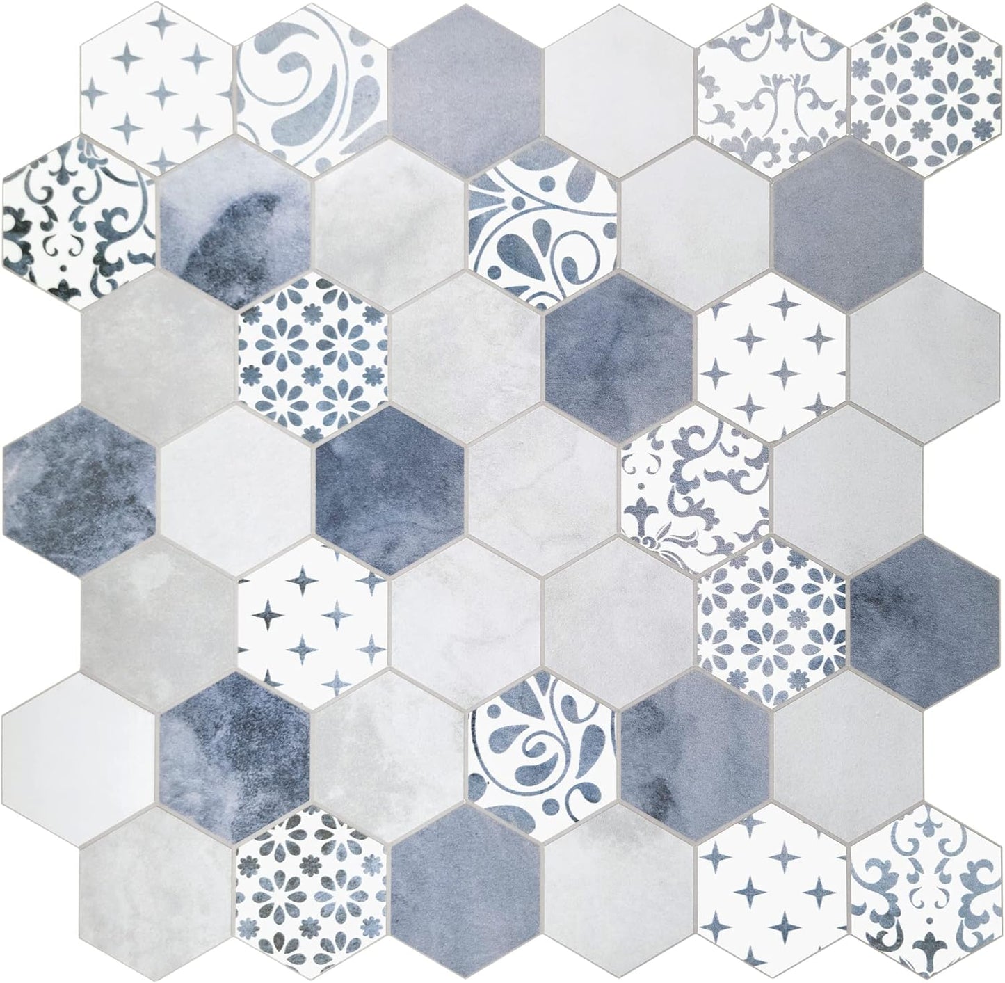 The Tiles Plaza 10-Sheet Peel and Stick Backsplash, Blue Cement Hexagon Stone Composite Marble Looks Self Adhesive Wall Tile, Stick On Tiles for Kitchen Bathroom Shower, Cover 9 Sq Ft.