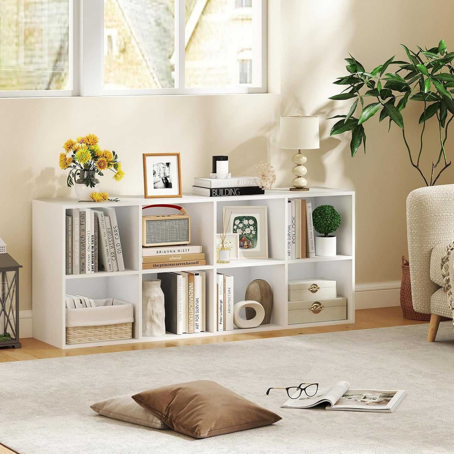 Giantex 8-Cube Bookcase, 3-Tier Cubby Bookshelf, Horizontal Vertical Display Rack with Anti-Tipping Kits, Modern Storage Organizer Shelf Unit for Bedroom, Living Room, Study (White, 8-Cube)