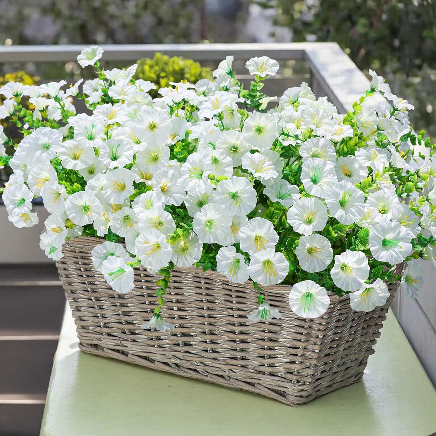 Artificial Flowers Fake Plants for Outdoors Decoration, 12 Bundles White Silk Morning Glory with Eucalyptus Realistic UV Resistant Faux Flowers for Outside Planter Porch Yard Patio Garden Home Indoor