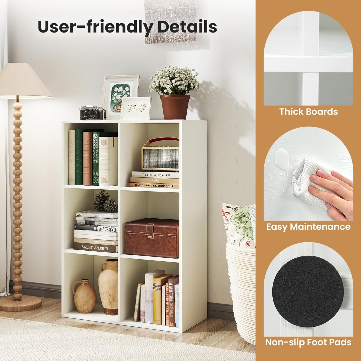 Giantex 6-Cube Bookcase, 3-Tier Cubby Bookshelf, Horizontal Vertical Display Rack with Anti-Tipping Kits, Modern Storage Organizer Shelf Unit for Bedroom, Living Room, Study Room, White