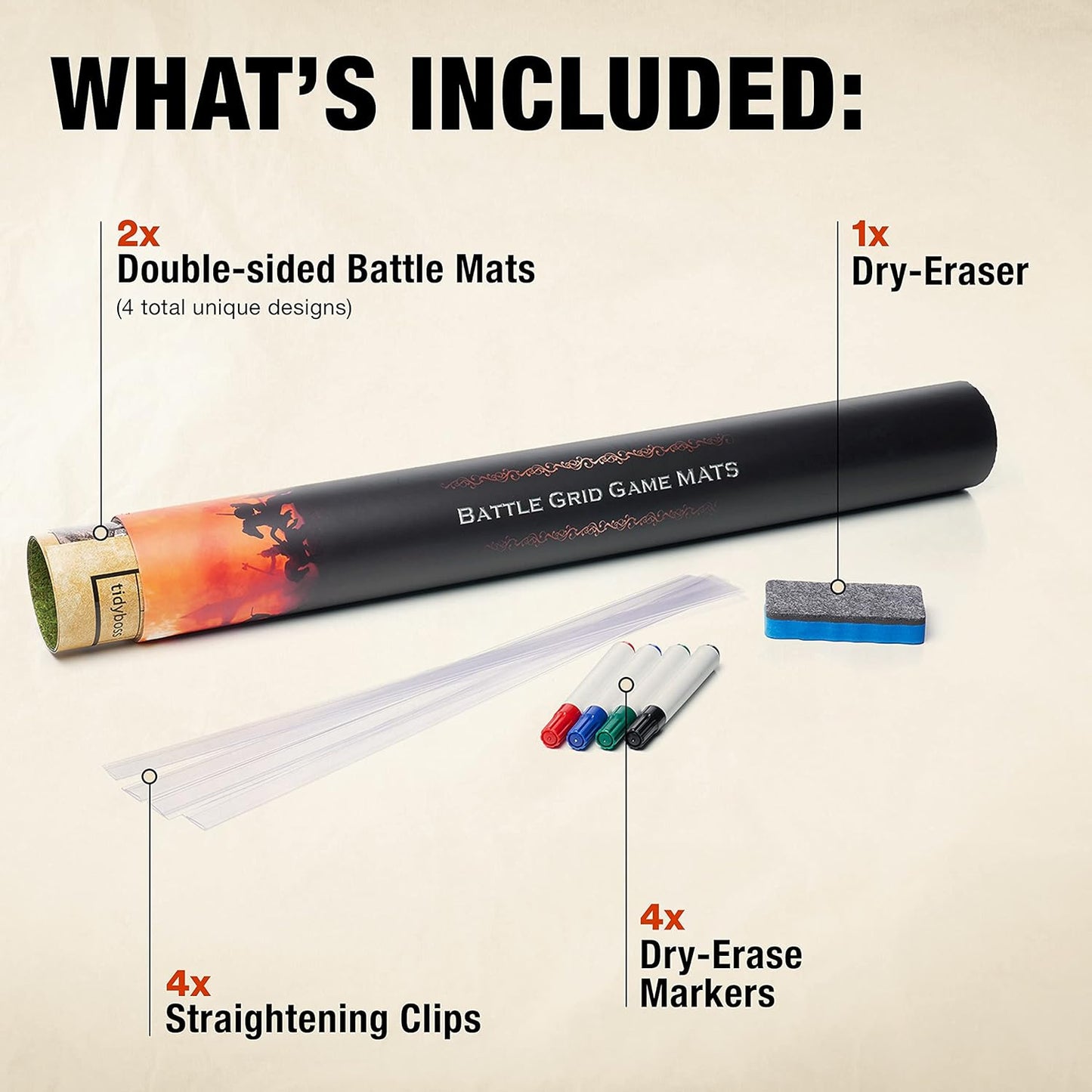 TIDYBOSS d&d Starter Set | 2 X Double Sides 4 Terrains 24x 36 Game Grid Mat | DND Accessories Includes Dry Erase Markers, Eraser and Clips