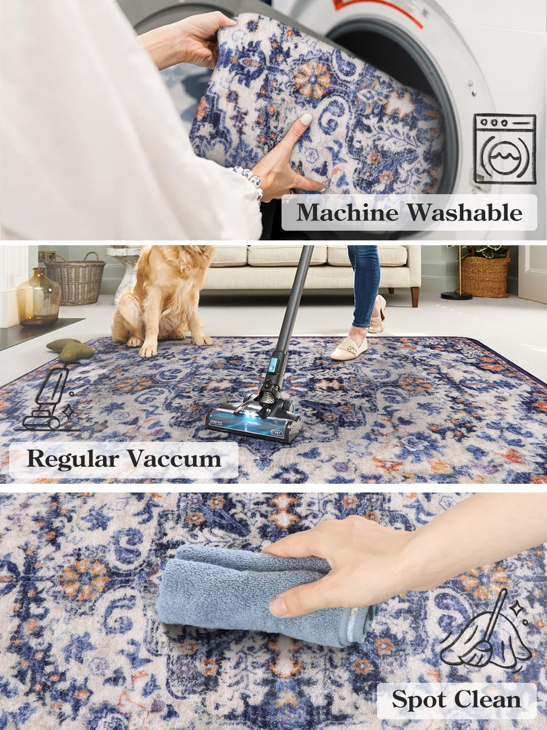 Lahome Bohemian Round Rug 3Ft Small Bedroom Round Area Rug Soft Bathroom Circle Mat, Vintage Machine Washable Non Slip Low Pile Indoor Floor Carpet for Kitchen Laundry Entryway, Blue Purple/Multi