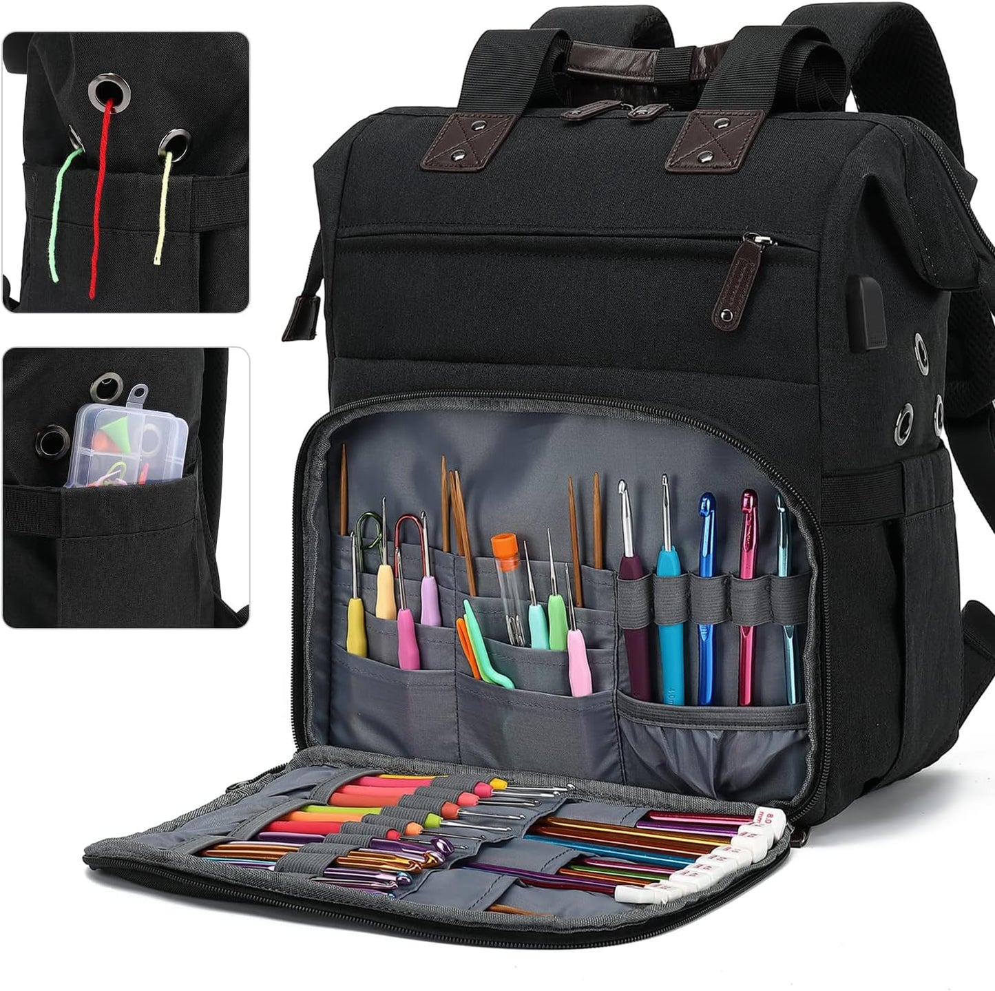 Crochet Backpack,Knitting Bag Backpack Yarn Storage Organizer Travel Crochet Bag with USB Charging Port,Yarn Tote Bag Yarn Holder Case for Knitting Needles, Crochet Hooks,Crochet Accessories,Black