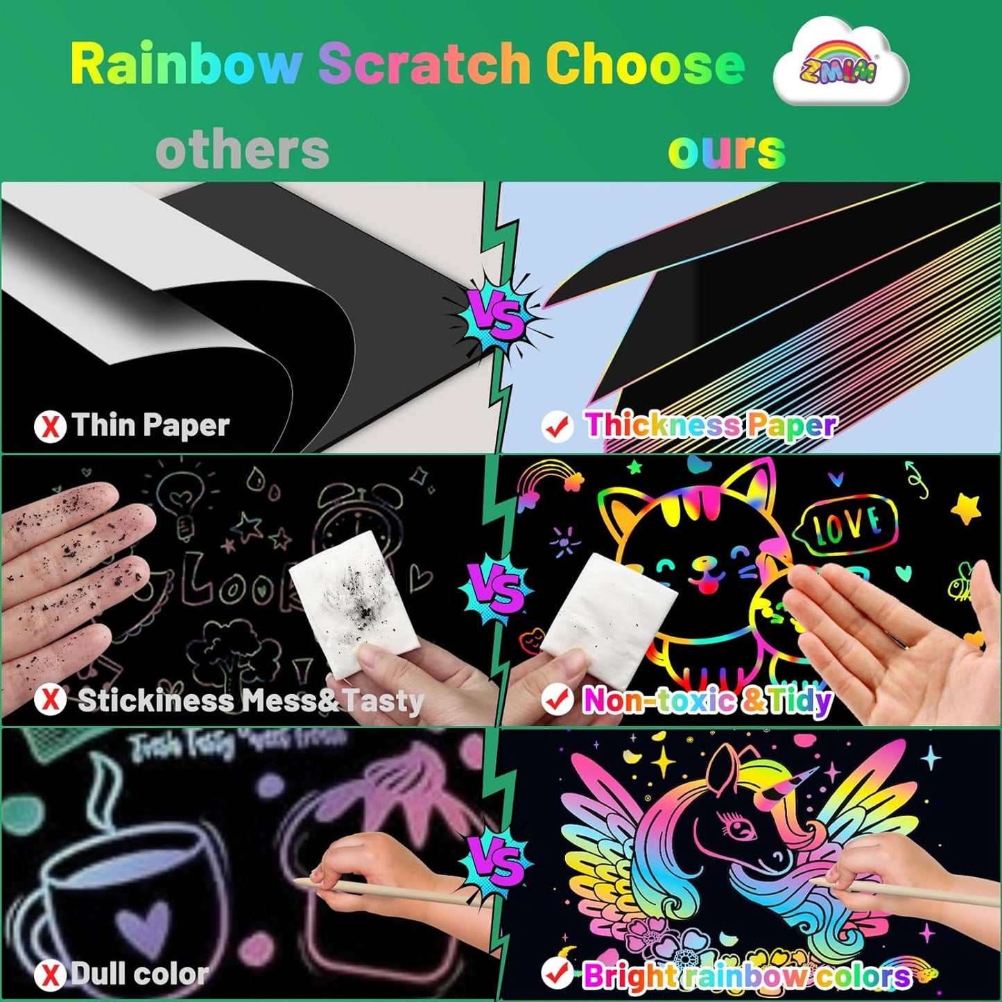 ZMLM Scratch Paper Art Craft: 2 Pack Rainbow Scratch Set for 3 4 5 6 7 8 9 10 Years Old Girls Boys Students Drawing Coloring Black Magic Art Supplies Kits Gifts School Birthday Party Toys(Classic)