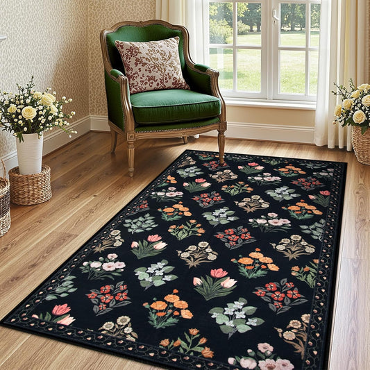 Wonnitar Washable 3x5 Area Rug, Floral Print Rugs for Entryway Indoor, Stain Resistant Moroccan Trellis Small Throw Carpet for Kitchen Laundry Dorm Office, Black/Multi