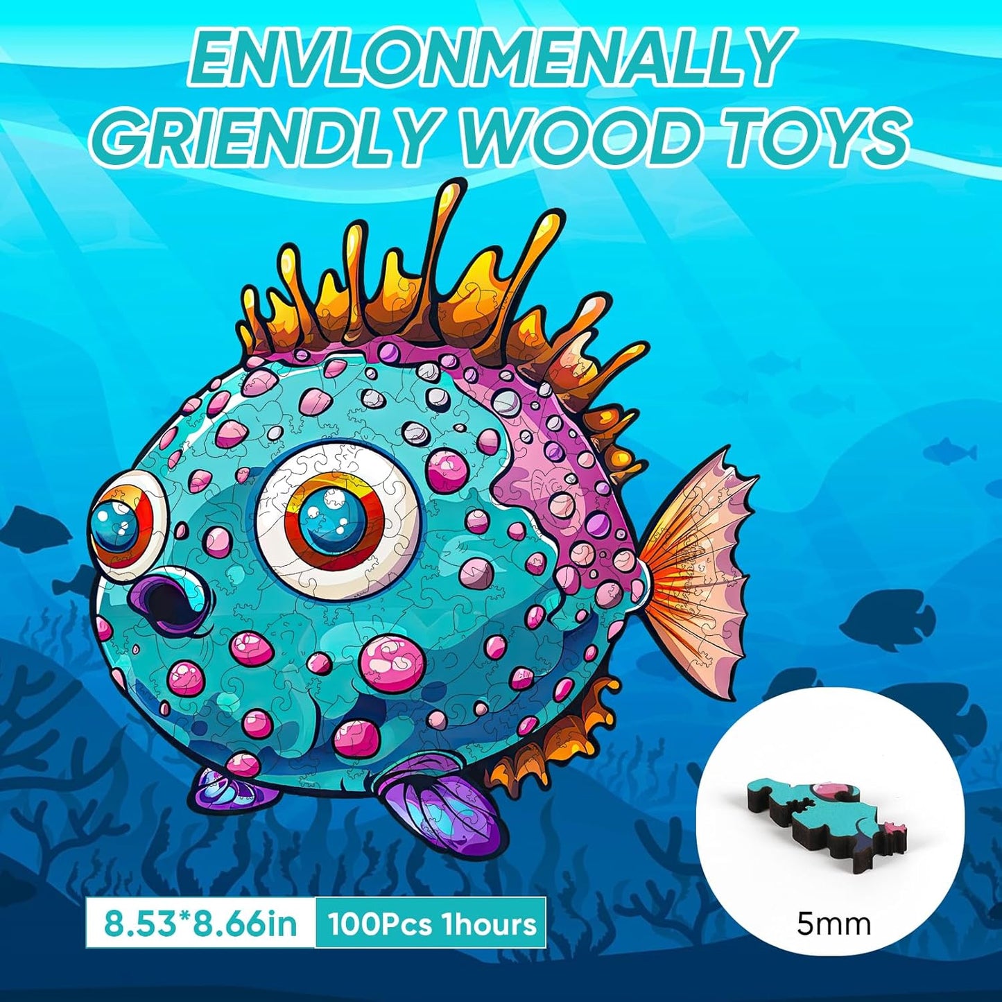 Wooden Puzzles for Kids,100 Pieces Ocean Puzzle,Unique Fish Shaped Wooden Puzzle, Preschool Puzzle Toys, Give Your Kids/Grandchildren, Suitable for Family Games