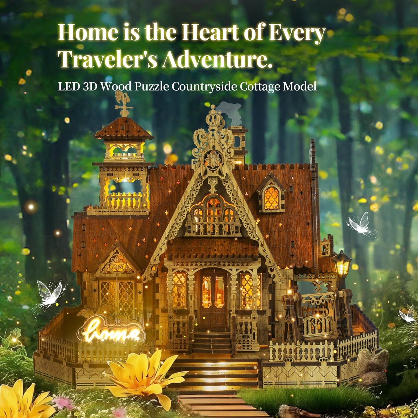 LED 3D Wood Puzzle Countryside Cottage Model - DIY Miniature Building Kit with Spark LED Lights - 3D Craft Rural Architecture Home Décor Gift for Adults