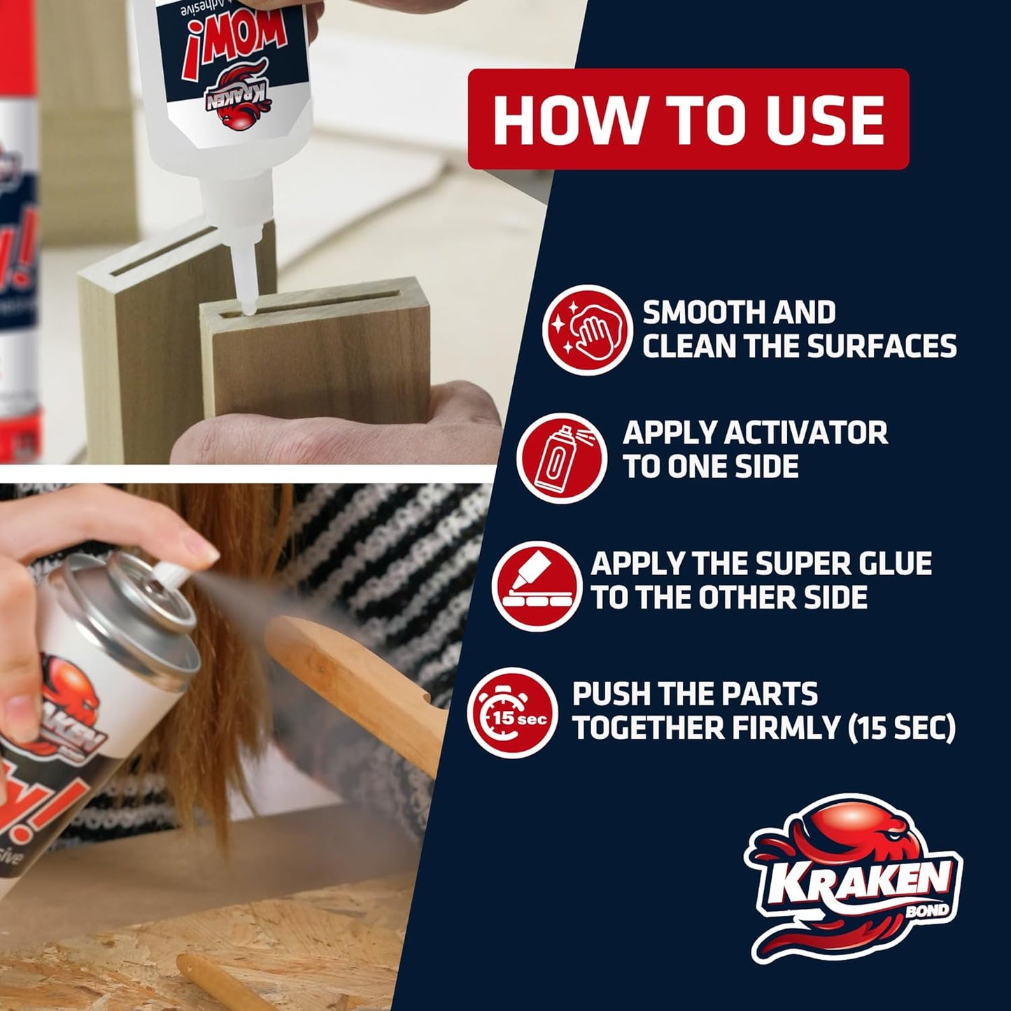 Kraken Bond Wow! CA Glue Set (4x3.5 oz) with Activator (2x13.5 oz) –Super Fast Cyanoacrylate Adhesive Kit for Wood, Plastic, Ceramic, Craft -DIY Repair –4 X Ext. Bottles & 10X Nozzles Inc. 2 Pack