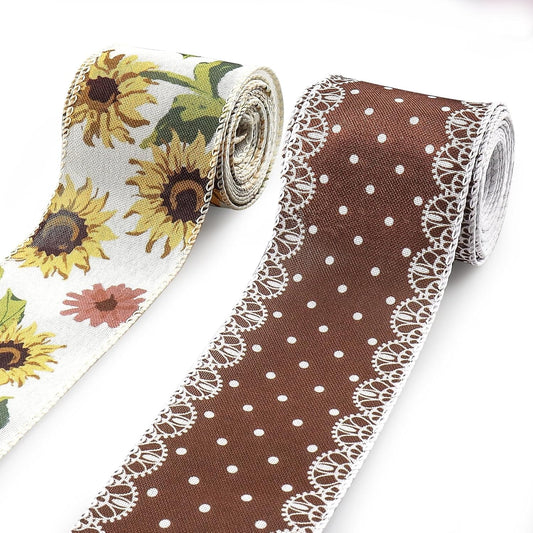 2 Rolls 10 Yard Thanksgiving Fall Wired Ribbon for Crafts Wreath Bow Making Sunflower Dot Ribbon Autumn Harvest Burlap Ribbon for Wrapping Thanksgiving Party Home Decoration 2.5''