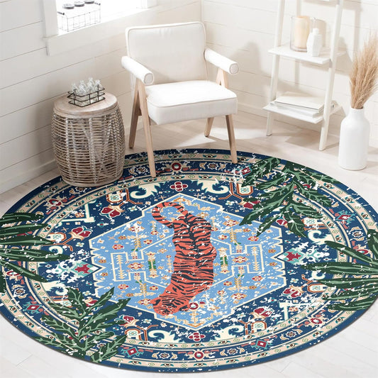 Washable Blue Rugs Thin Oriental Boho Vintage Tropical Leopard 4ft Round Area Rugs for Bedroom Kitchen Dining Living Room Office Distressed Jungle Plants Indoor Entryway Circle Carpet
