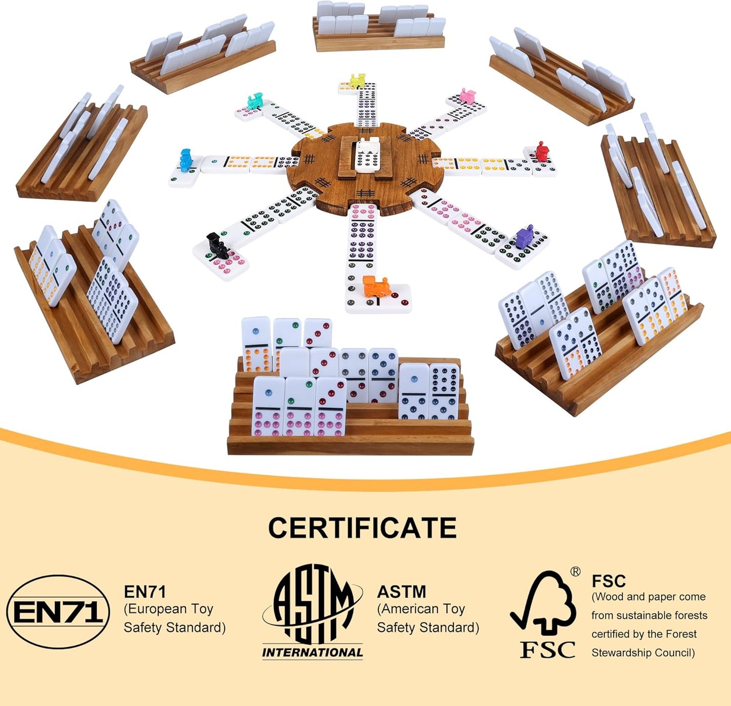 Mexican Train Dominoes Set with 8 Holders, Double 12 Dominos Set for Adults, Mexican Dominoes Train for Kids and Family Game, Mexican Train Games with 91 Colored Tile Dominos and Wooden Box