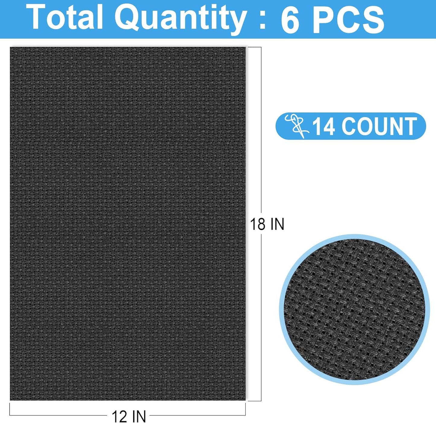 6 PCS Cross Stitch Aida Fabric 14 Count, 18 by 12 Inch, Classic Reserve Cross Stitch Aida Cloth for Home DIY Embroidery Decoration, Black