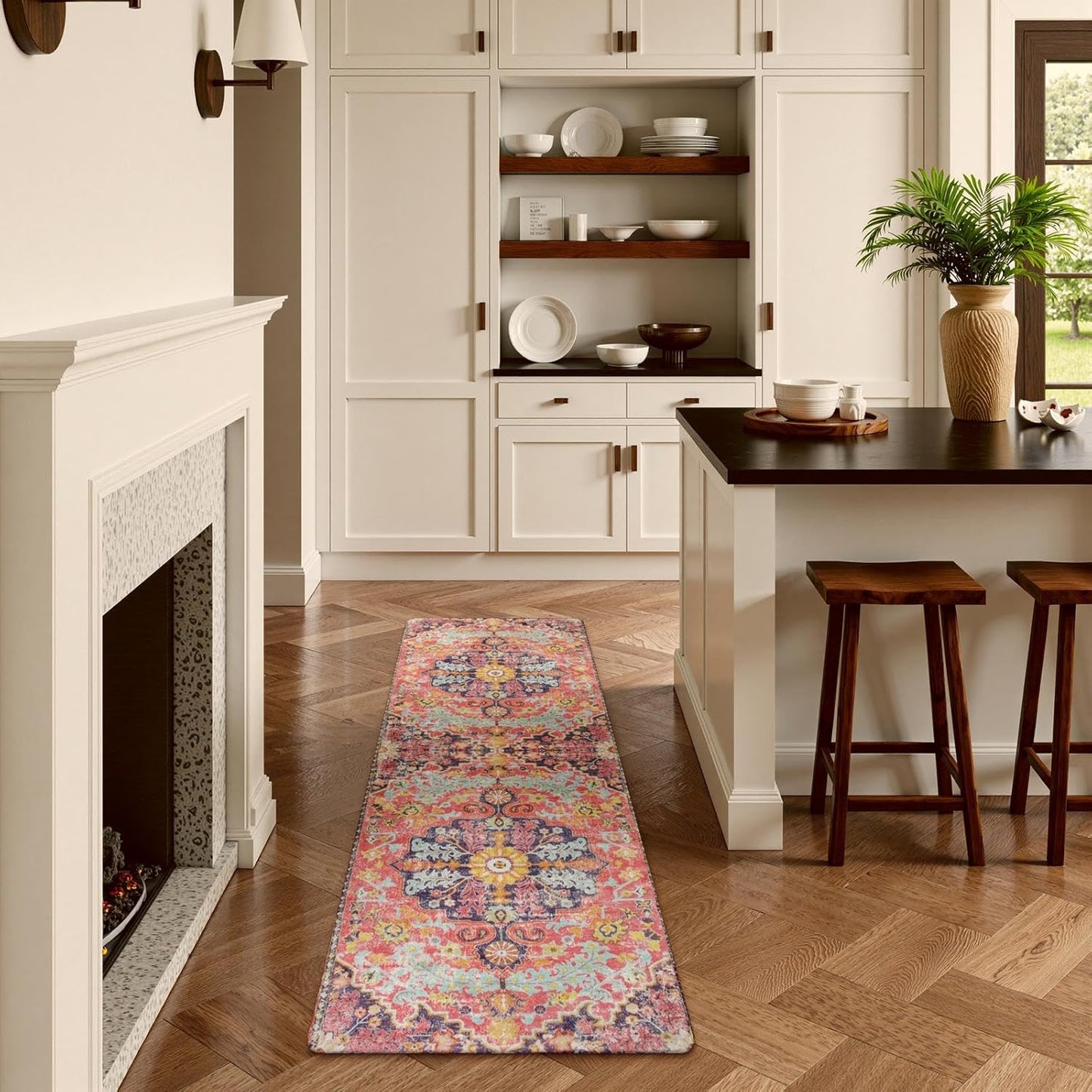 Lahome Bohemian Washable 2x5 Hot Pink Kitchen Runner Rug, Non Slip Bathroom Laundry Room Rug Runner, Floral Medallion Soft Carpet Runners for Entryway Hallway Foyer Decor
