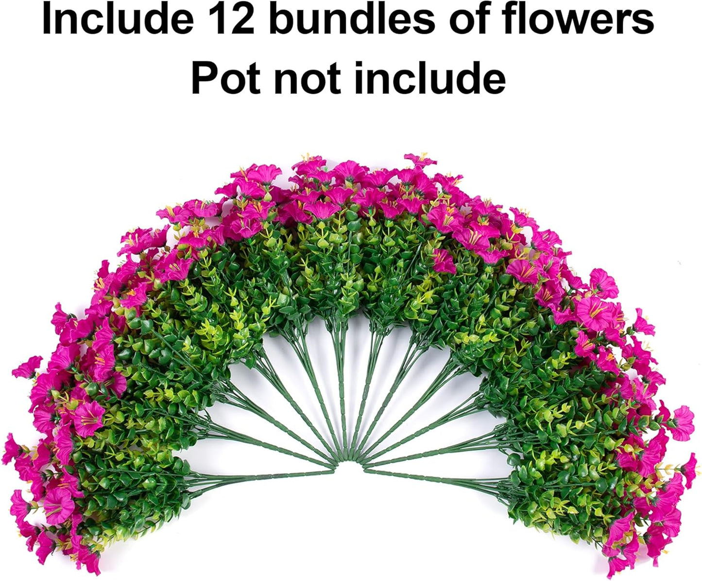 Artificial Flowers Fake Plants for Outdoors Decoration, 12 Bundles Silk Morning Glory with Eucalyptus Realistic UV Resistant Fuchsia Faux Flowers for Outside Planter Yard Patio Garden Home Indoor