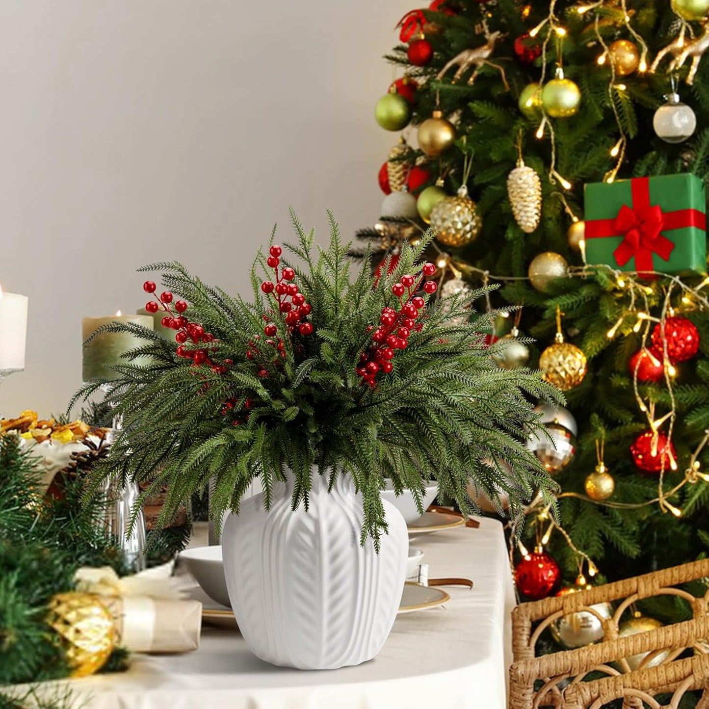 25 Pcs Christmas Norfolk Pine Branches with Red Berry Stems, 19" Extra Long Fake Greenery Norfolk Pine Stems Sprigs, Artificial Xmas Branches Plants Pine Leaves for DIY Craft Garland Home Decor