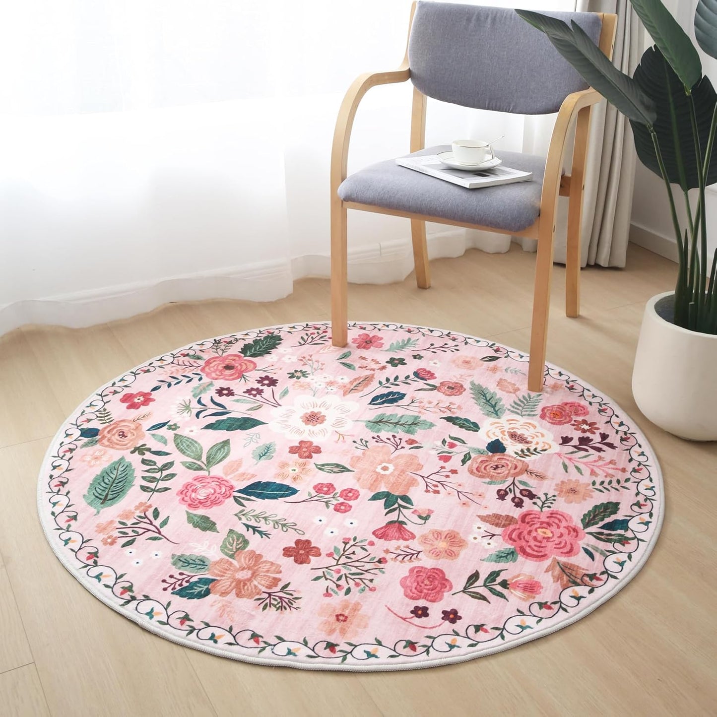 Rugcomf Round Rug 6ft Washable Circle Rug Non Slip Low Pile Boho Floral Small Circular Rug for Bedroom, Bathroom, Entryway, Kids Room, Office, College Dorm(Pink)
