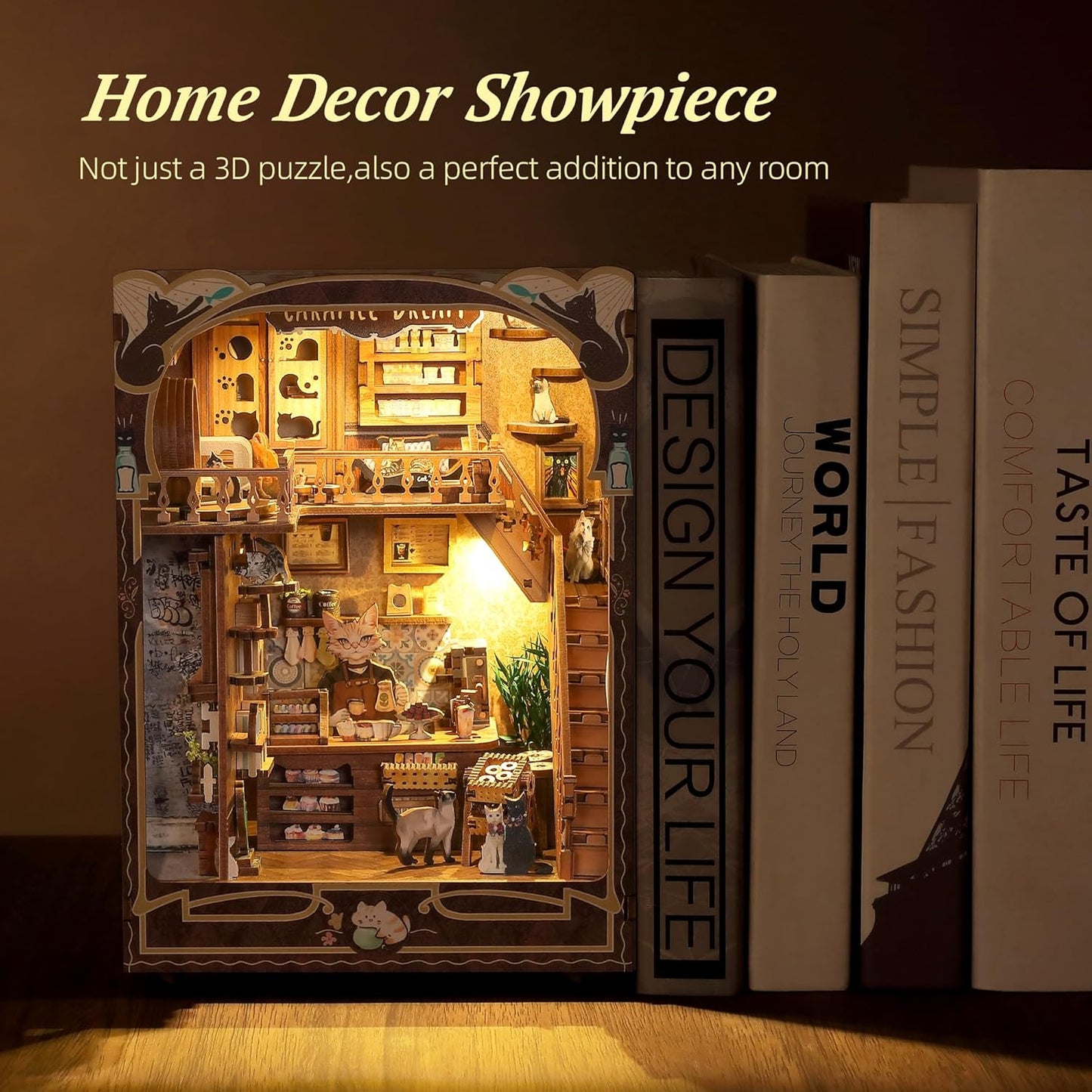 3D Wood Puzzle Book Nook Kit, Caramel Dream Cat Café Bookshelf Insert with LED Lights, DIY Miniature Bookend Décor for Display, Cozy Craft Gift for Cat Lovers and Teens (Caramel Dream)