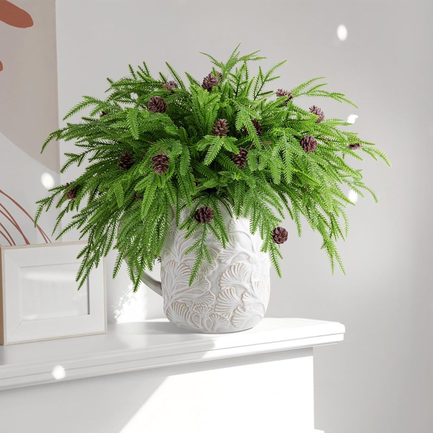 Watayo 10 Pcs Christmas Norfolk Pine Branches with Pine Cones, 19" Extra Length Fake Greenery Norfolk Pine Stems Sprigs, Artificial Xmas Branches Plants Pine Leaves for DIY Craft Garland Home Decor