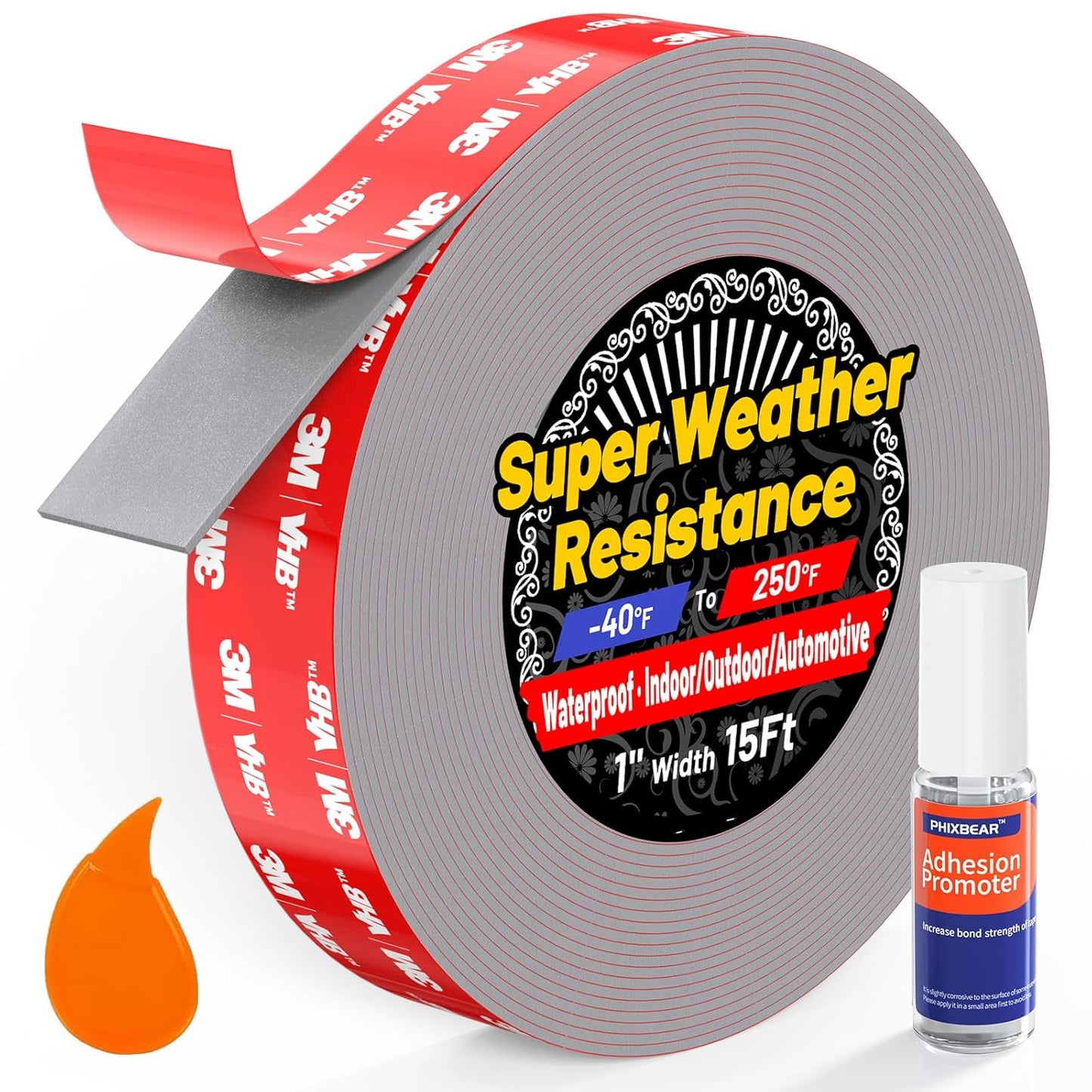 1" Width Double Sided Foam Tape, Made of 3M VHB, Waterproof Outdoor Automotive Decor Wall Tape, Heavy Duty Mounting Tape, Super Strong Adhesive Tape, 15Ft Length