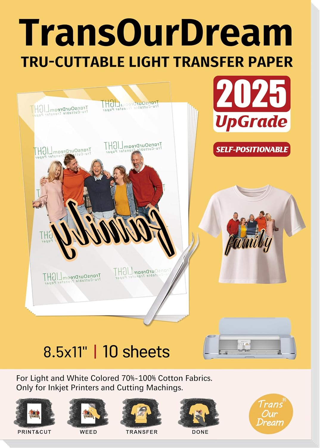 TransOurDream Heat Transfer Paper for t Shirts Heat Press (10 Sheets, 8.5"x11") Printable Heat Transfer Vinyl for Inkjet Printer Light Iron on Transfers for Tshirts Cuttable & Self-Positionable