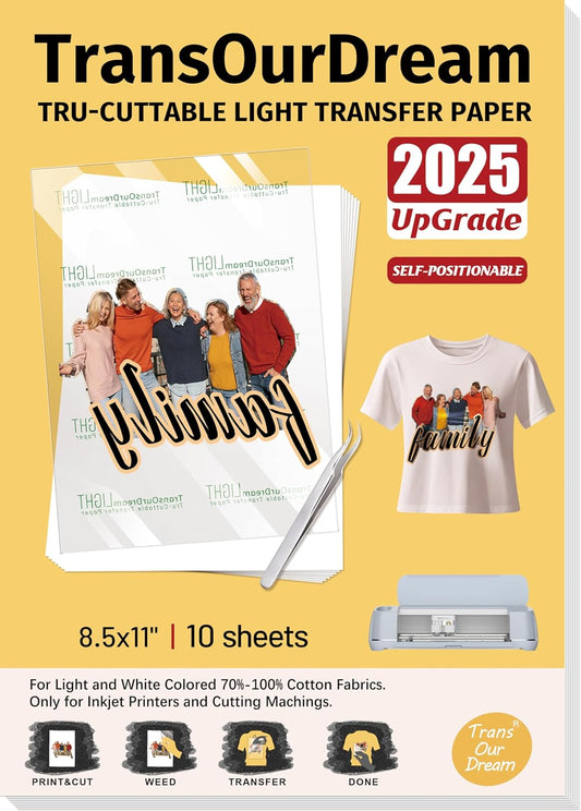 TransOurDream Heat Transfer Paper for t Shirts Heat Press (10 Sheets, 8.5"x11") Printable Heat Transfer Vinyl for Inkjet Printer Light Iron on Transfers for Tshirts Cuttable & Self-Positionable