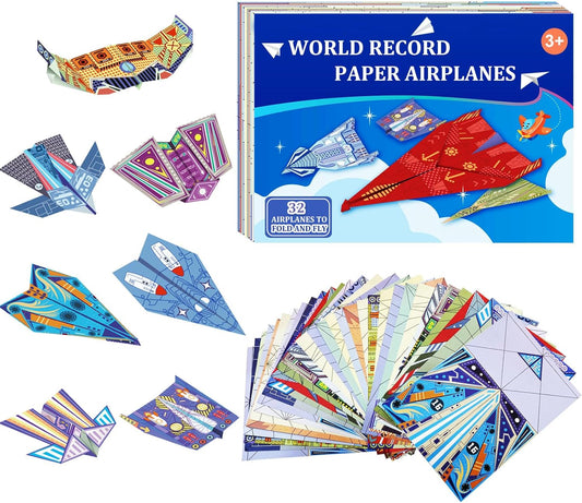 Paper Airplane Kits with 16 Classic Designs, 32 Sheets of Colorful Origami Paper, World Record Paper Planes, Airplane Gifts for Boys and Girls Ages 6-12+ (Digital Manual Only, Fun and Easy to Fold)