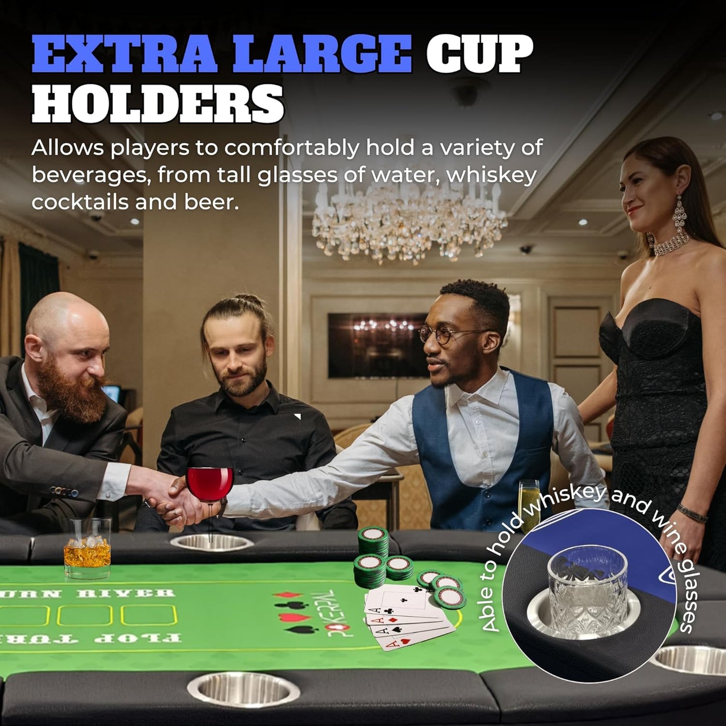 8 Player Poker Table with 2 Interchangeable Game mats, Texas Holdem Poker and Blackjack, Collapsible Casino Table with Padded Rails and XXL Cup Holders for Wine and Whiskey Glasses, (71 in)