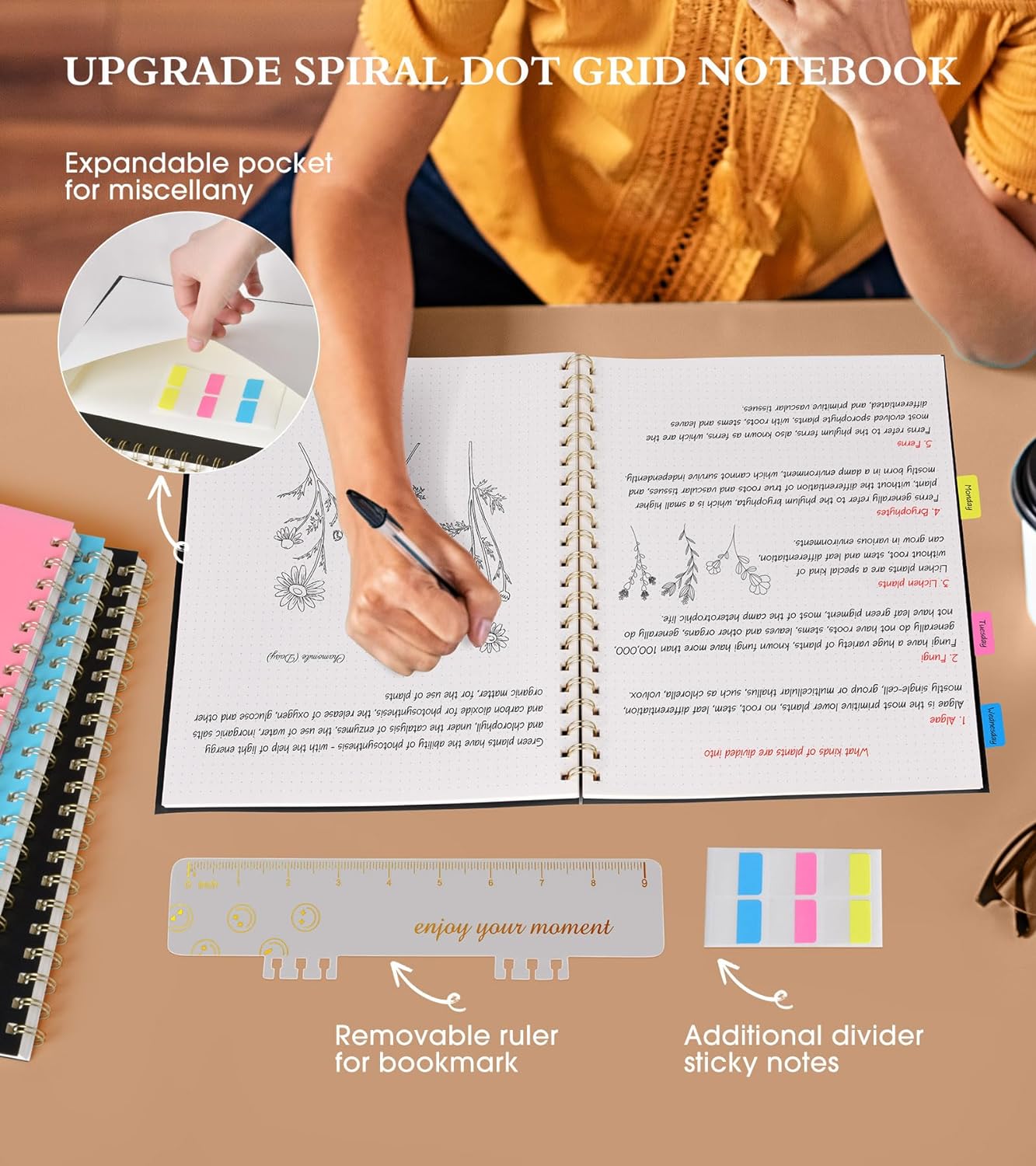 Dotted Notebook, Spiral Notebook Journal 8.5” x 11”, A4 Large Dot Grid Notebooks for Women Men, 100 GSM Dotted Paper, Plastic Hardcover Spiral Bullet Journals for Work School Sketching, Black