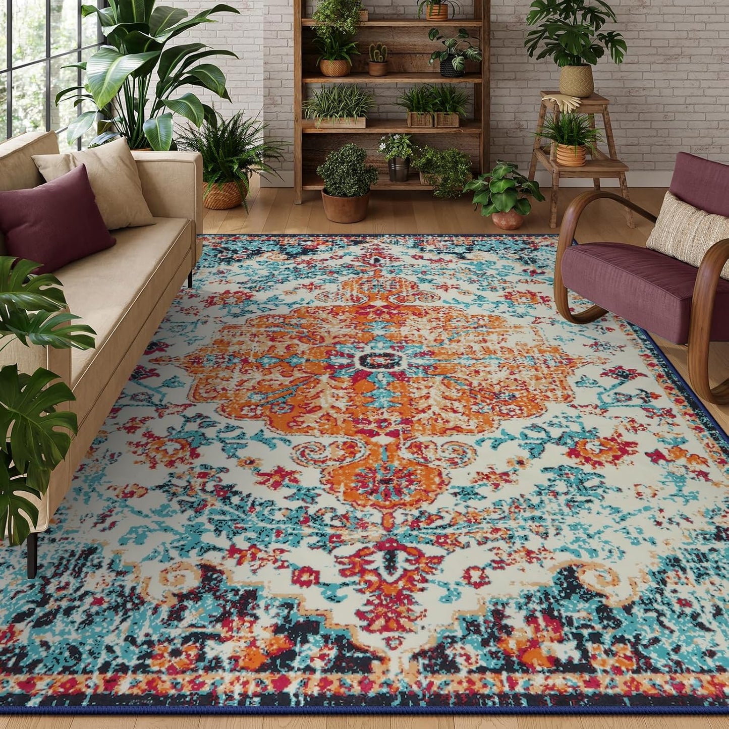 Lahome Area Rugs 9x12 Living Room Rug,Large Boho 9 x 12 Area Rugs for Living Room Washable Bedroom Rug,Boho Vintage Soft Non-Slip Printed Indoor Carpet for Dining Room Home Office(9x12ft,Orange)
