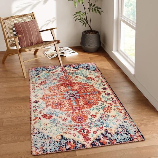 Lahome Bohemian Floral Medallion Area Rug - 3x5 Bedroom Rug Soft Throw Printed Bathroom Kitchen Entry Foyer Mat, Vintage Non-Slip Washable Carpet for Front Door Laundry Room Bath Office, Orange