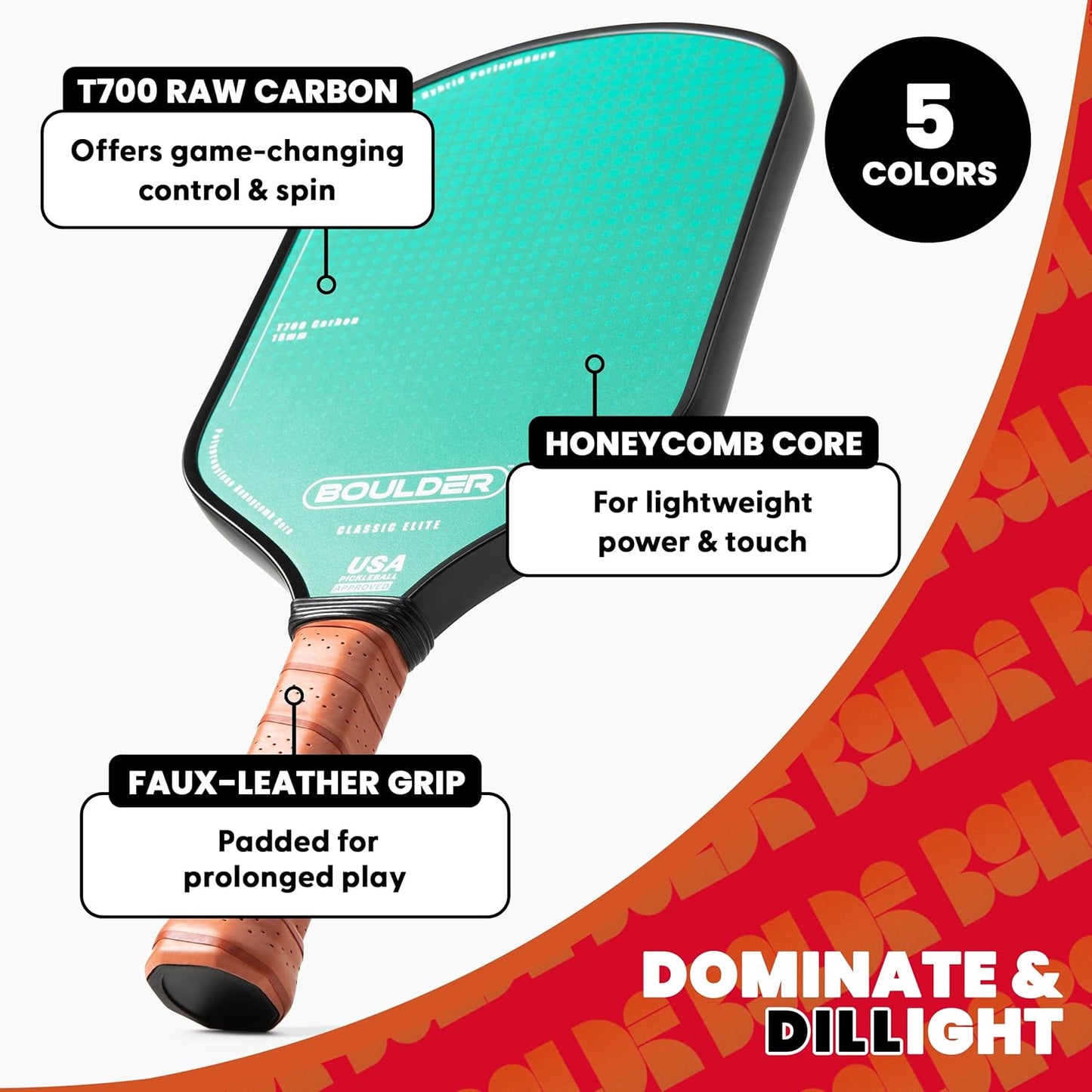 Boulder Carbon Fiber Pickleball Paddle | T700 Carbon Fiber | USAPA Approved, with Honeycomb Polymer Core | Pickleball Racket for Beginner & Experienced Players