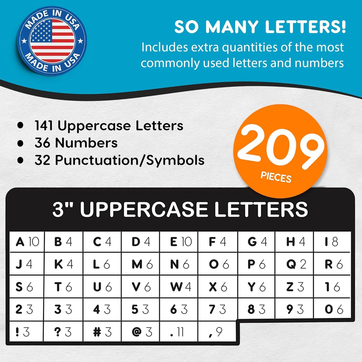 209 Pcs 3" Blue Bulletin Board Letters & Numbers, Capital Letters, Numbers, Punctuation, US Made Card Stock Punch Out Letters for Poster, Bulletin Board, Classroom - Precut Letters & Numbers