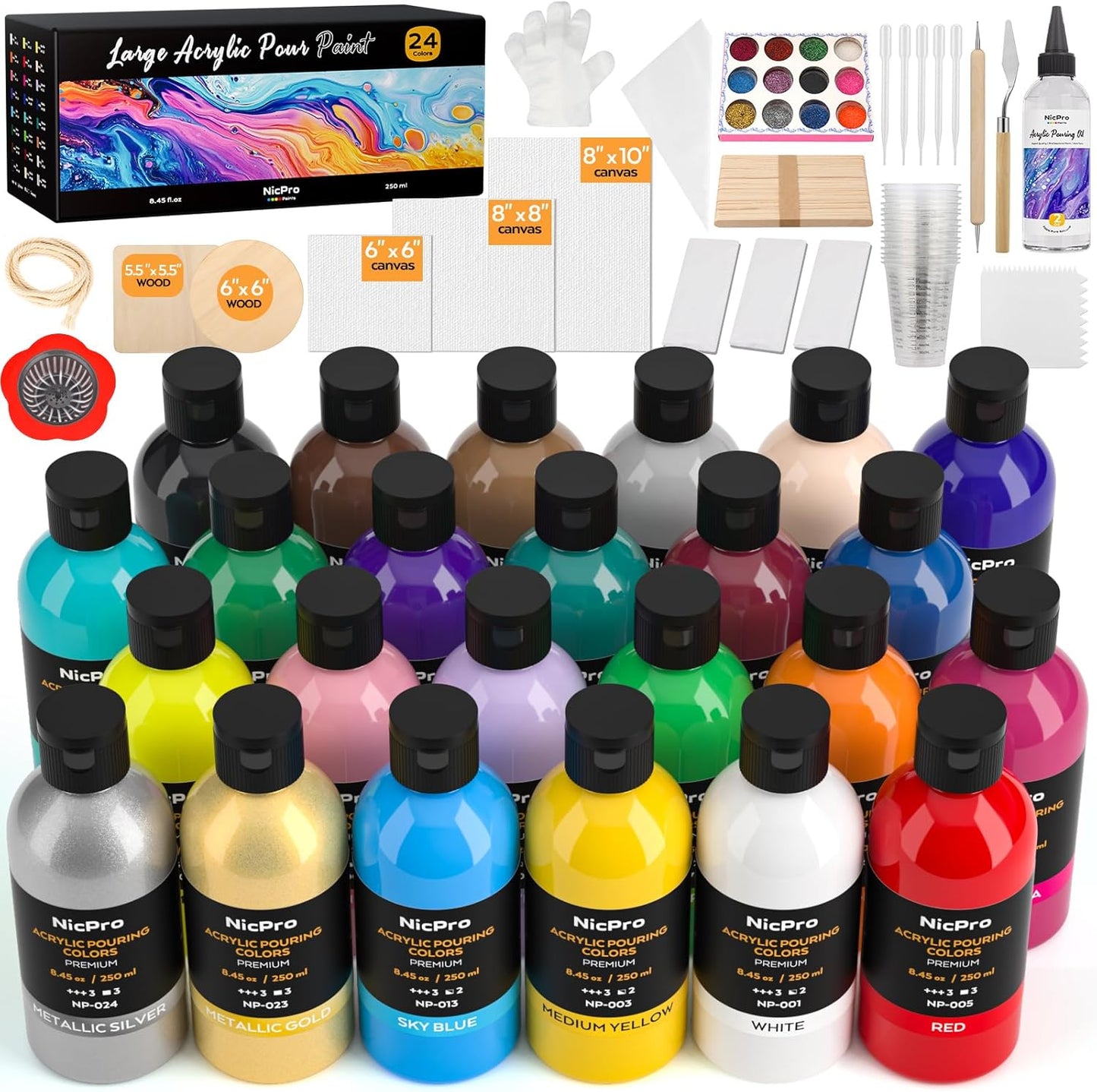 Nicpro 24 Colors 8.45oz Acrylic Pour Paint Supplies Kit, Large Volume Premixed High Flow Painting Bulk Set with Canvas, Wood Natural Slices, Pouring Oil, Tools Gloves, Strainer, Cups for Beginner DIY