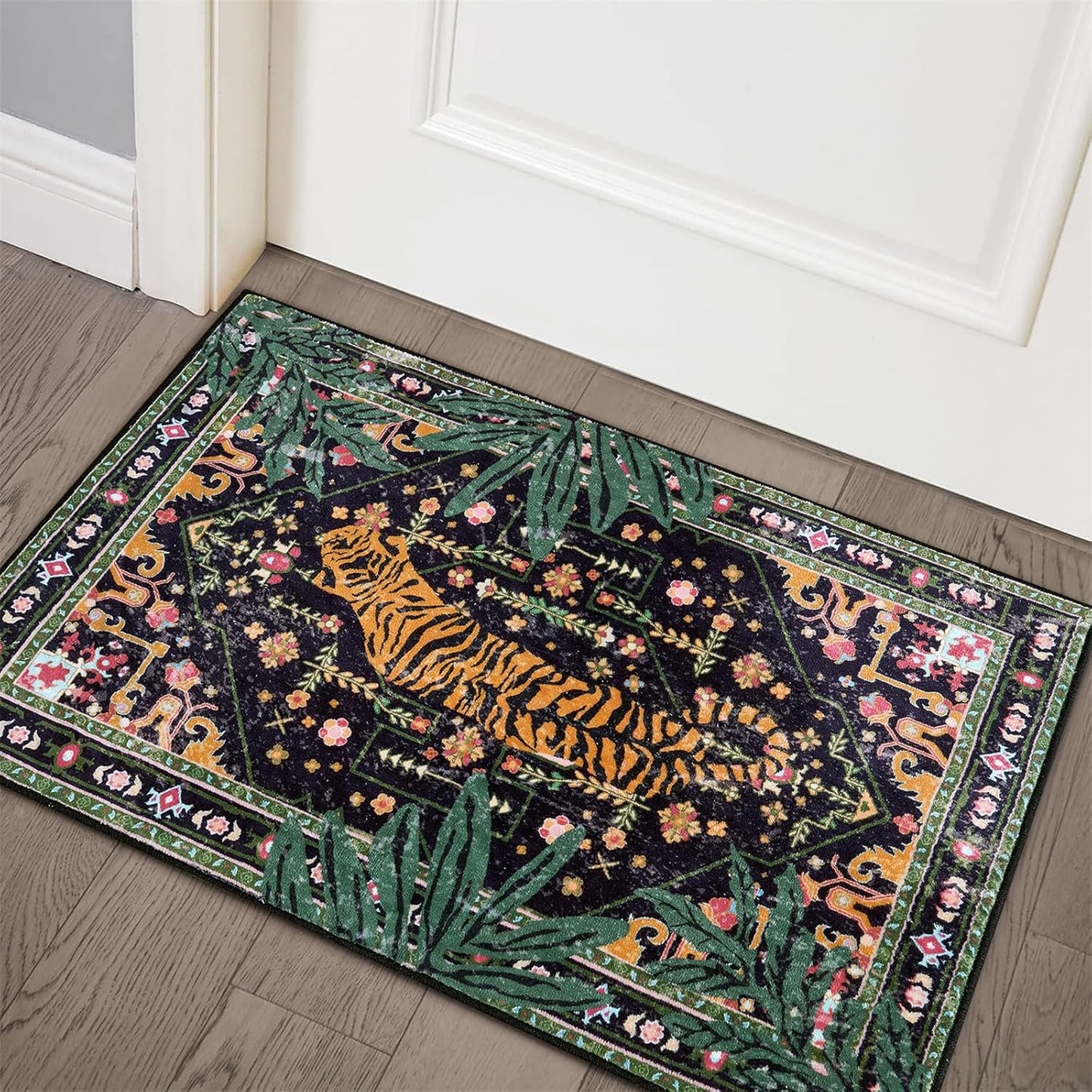 Oriental Tropical Entryway Rugs Washable, Thin Black Boho Vintage Distressed Hippie 2x3 Throw Rugs for Bathroom Kitchen Indoor Doormat Non-Slip Abstract Botanical Tribal Indian Accent Carpet