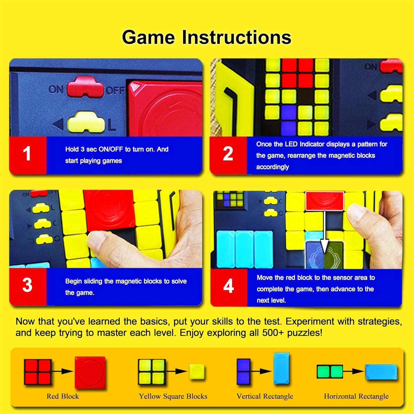 Super Slide Puzzle: Over 500 High-Level IQ Challenges, Exciting Educational Brain Teaser for Kids & Teens, Quality-Made, Great Travel & Gift Option (Navy/Yellow/Red/Blue)