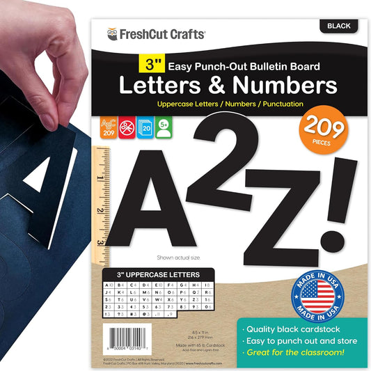 209 Pcs 3" Black Bulletin Board Letters & Numbers, Capital Letters, Numbers, Punctuation, US Made Card Stock Punch Out Letters for Poster, Bulletin Board, Classroom - Precut Letters & Numbers