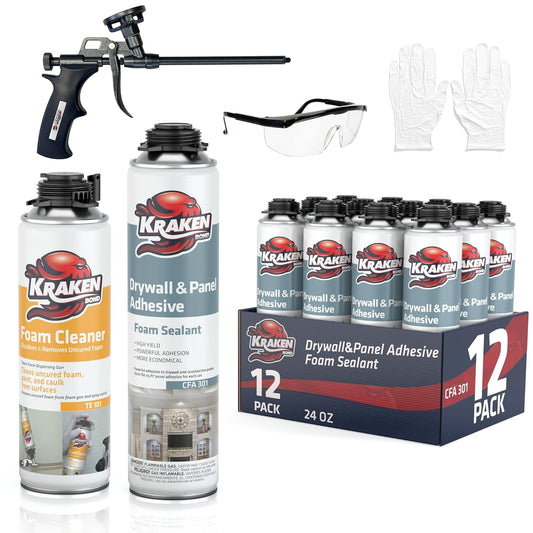 KRAKEN BOND Drywall & Panel Adhesive Foam - (12x24oz) Heavy-Duty, Fast-Curing Construction Adhesive for Concrete, Wood, and Heat Insulation Applications - Gun&Gun Cleaner Set