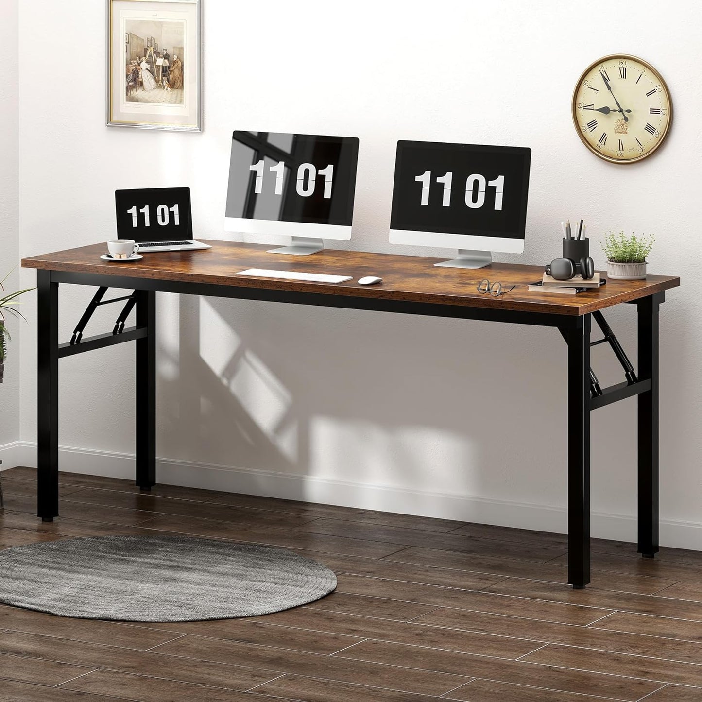 Need Large Computer Desk, 62 inches Long Office Desk, No Install Needed Folding Table Writing Table Workstation for Small Space, Rustic Brown