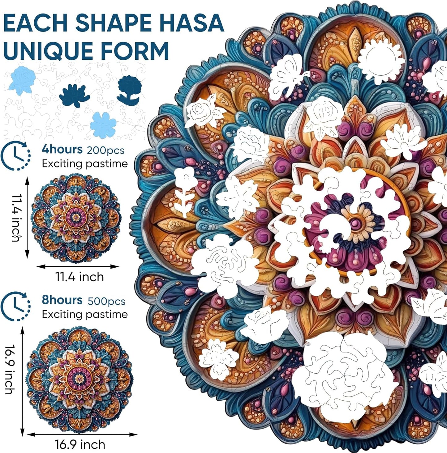 Wooden Jigsaw Puzzles - Mandala Wooden Puzzles for Adults, 500 Pcs King Size 16.7'' x 16.7'', Luxurious Shaped Wood Puzzle, Beautiful Package, Best Gift for Adults and Kids, Family Game