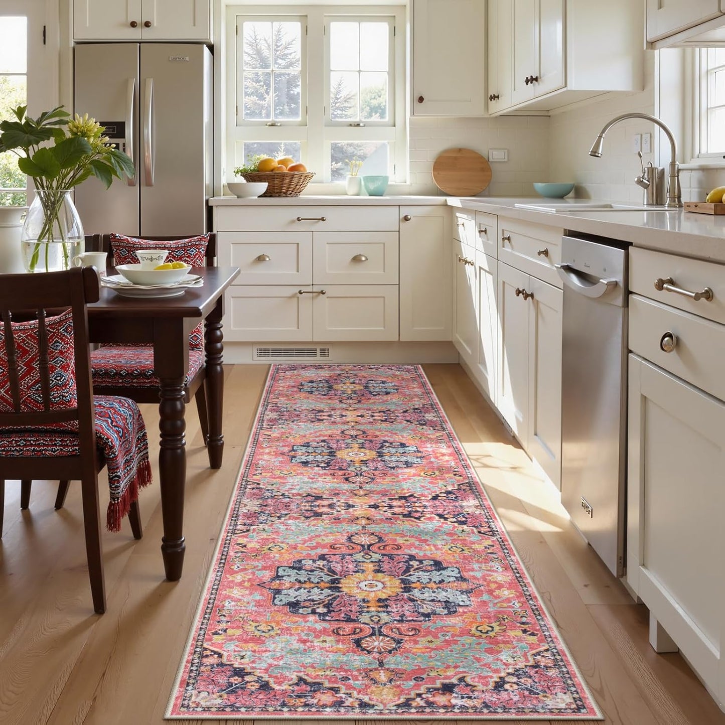 Lahome Boho 2'8"x10' Washable Hallway Kitchen Runner Rugs with Rubber Backing, Bohemian Non-Slip Soft Kitchen Runners, Non-Shedding Faux Wool Stair Carpet Runner for Hall Bathroom, Fuchsia/Multi