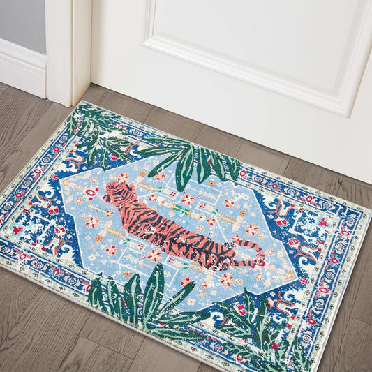 Tropical Jungle Rugs, 2x3 Faux Wool Botanical Boho Throw Rugs for Bathroom Kitchen Small Indoor Entryway Rug Modern Vintage Distressed Hippie Indian Accent Floor Mat Non-Slip Washable