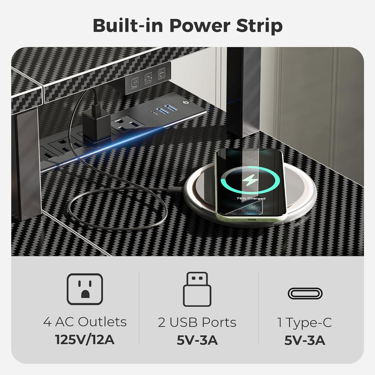 SUPERJARE 47 inch Reversible L Shaped Desk with LED Lights & Power Outlets, Computer Desk with Shelves & Monitor Stand, Gaming Desk with Drawer, Home Office Desk Corner Desk, Carbon Fiber Black